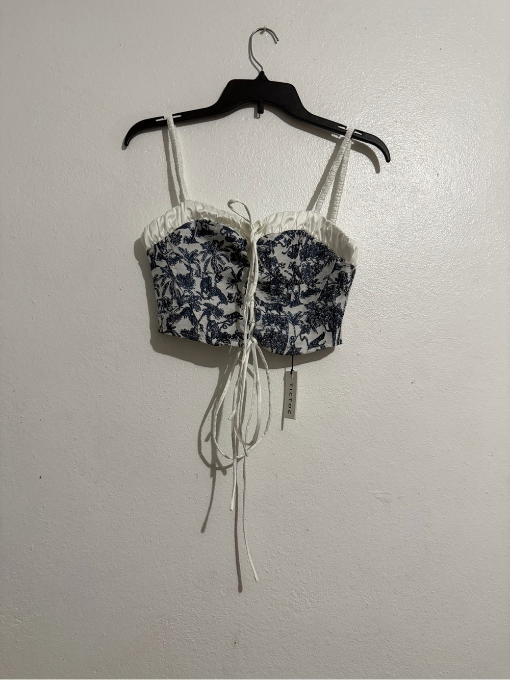 Blue Floral Lace-Up Cropped Bustier Top - White/Blue